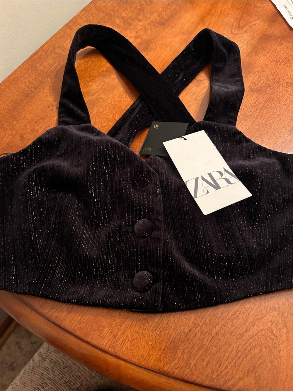 Zara Black Velvet Sparkle Crop Top with Crisscross Straps